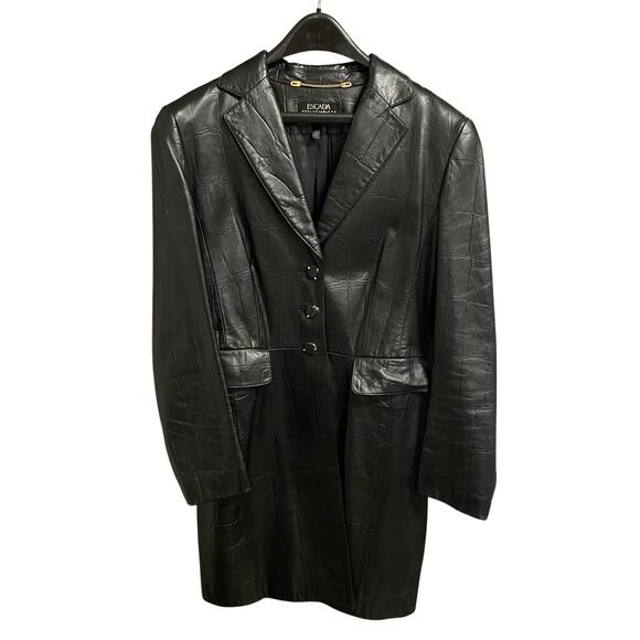 Escada Black Lambs Nappa Leather Jacket Button Front Long Womens 40 / US 10